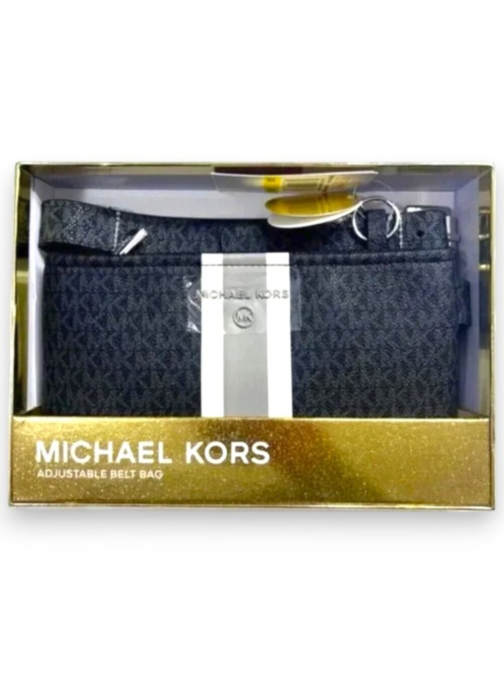 Michael Kors Black Dark Gray Belt Bag Logo Signature NWT Gift Box
